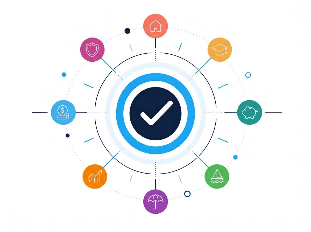 A financial compass with colorful icons at each direction representing key money milestones like saving, investing, home buying, and retirement