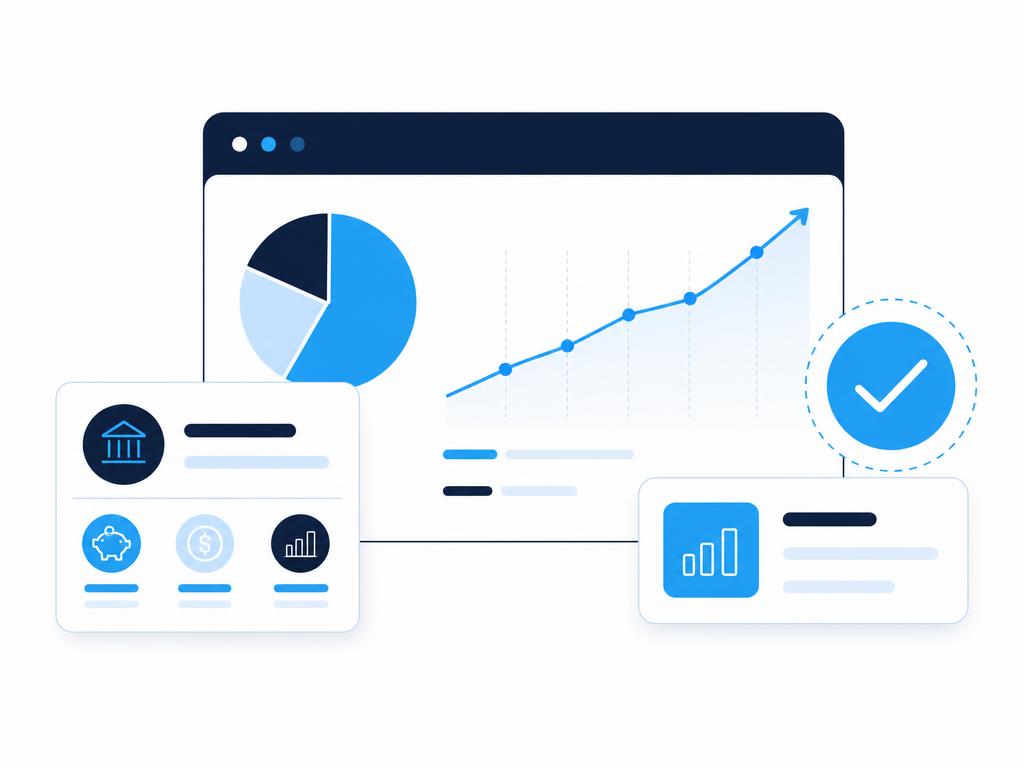 A stylized financial dashboard showing a portfolio pie chart, growth trend line, and plan checkmark
